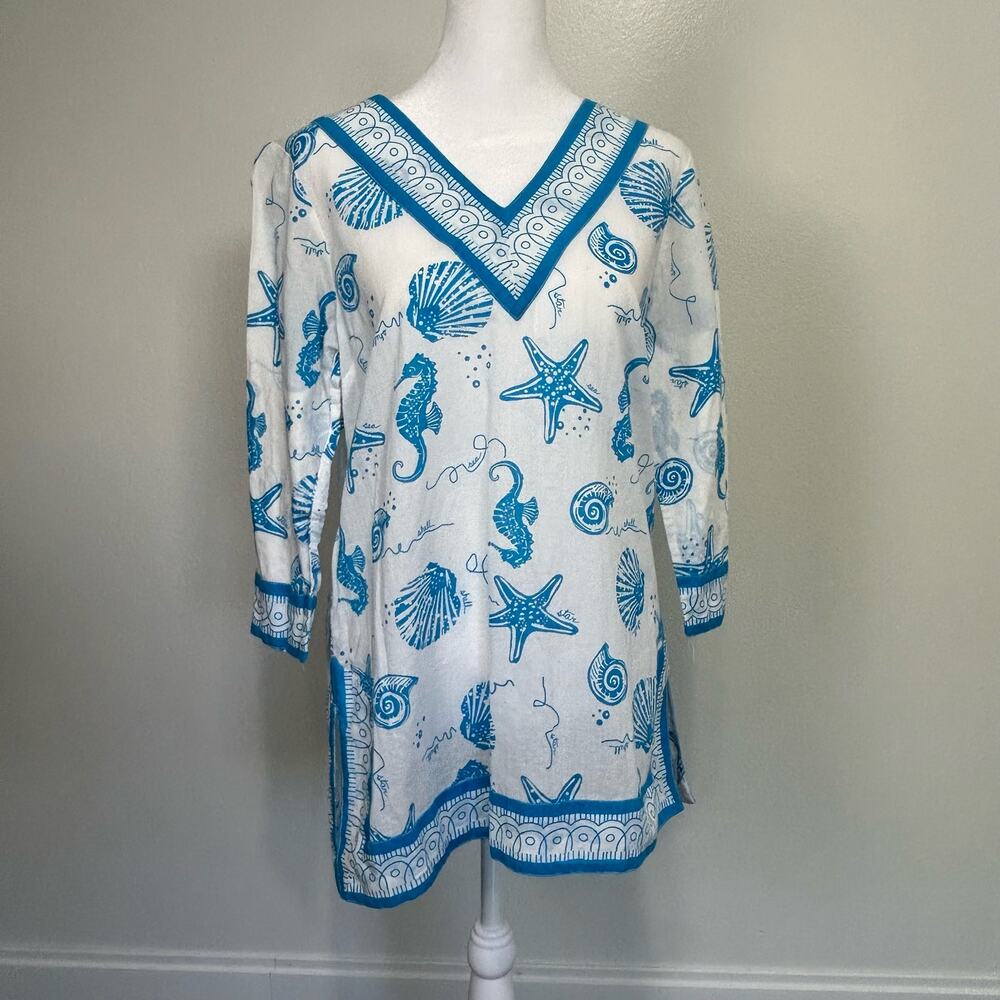 Palm Harbour Seashells Top S Women 100% Cotton Blue White Tunic Beach Coastal